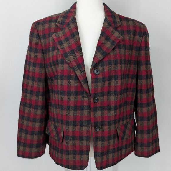 Pendleton Vintage Woolmark 100% Virgin Wool Women's Red Black Tartan Blazer 16 - Picture 1 of 9